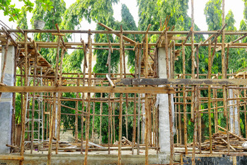 Wood support in the construction.Wood  Scaffolding