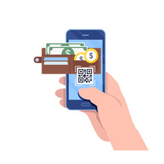 e-wallet, mobile payment, QR code, smartphone. Flat cartoon illustration vector graphic on white background.
