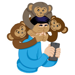 Message of awareness analogy concerning the monkeys, blind, deaf and mute. Person indifferent and isolated to the events around him due to the use of the cell phone
