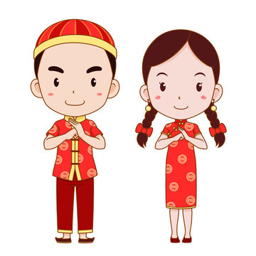 Happy Chinese new year with cute couple cartoon in Chinese traditional costume.