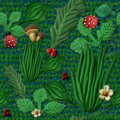 Seamless texture imitating grass and berries, which is made of multi-colored plasticine