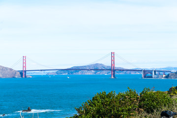 Fototapeta premium The view of golden gate bridge in Lands end at San Francisco- San Francisco. summer , cloud , rock , sea, plant.