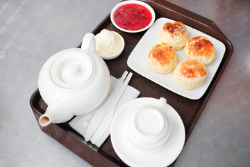English scones set served on a table  in local restaurant in Cameron Highlands.