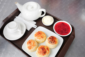 English scones set served on a table  in local restaurant in Cameron Highlands.