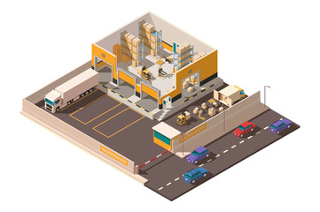 Isometric 3d warehouse with territory, parking, big shipment truck, forklift and box for delivery.