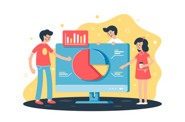 Flat team works on project with help of analytics, computer and diagram in office.