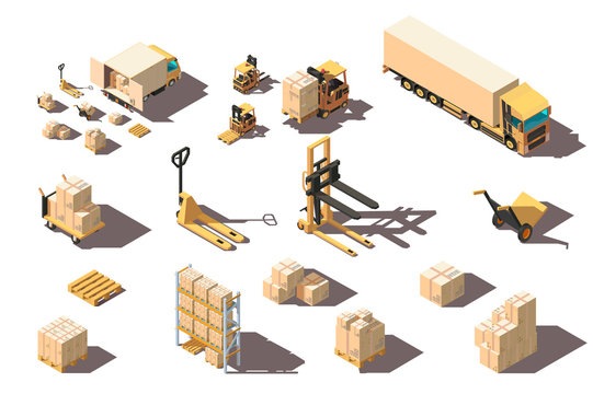 Isometric 3d set big and small shipment truck with forklift and box for delivery moving.