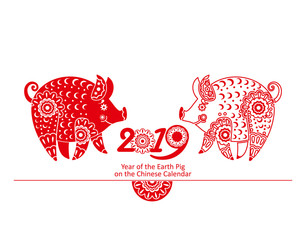 Happy Chinese new year 2019, the year of earth pig. Vector card with two decorative red pigs. © difinbeker