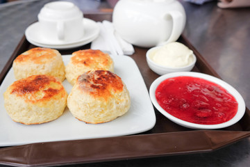 English scones set served on a table  in local restaurant in Cameron Highlands.