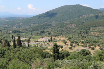 Panoramic view to the ruins of ancient greek town Messini, Peloponnese, Greece