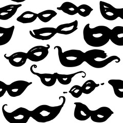 Black Mask. Seamless hand draw pattern carnival masks. Masks on a white background graphic background.