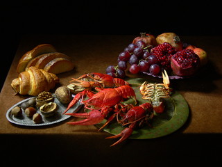 Red crayfish, fruits and pastries. Still life in the spirit of the old Dutch