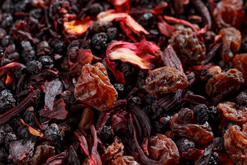 Mix herbal floral fruit tea with petals, dry berries and fruit. Texsture.Macro.