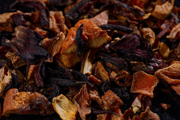 Dry fruit multifit tea leaf texture background. Macro.
