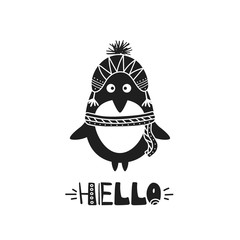 Hand drawn illustration with happy penguin and lettering. Black and white background vector.Hello, poster design. Decorative backdrop with english text, animal. Funny card, phrase