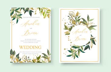 Fototapeta premium Wedding floral golden invitation card envelope save the date minimalism