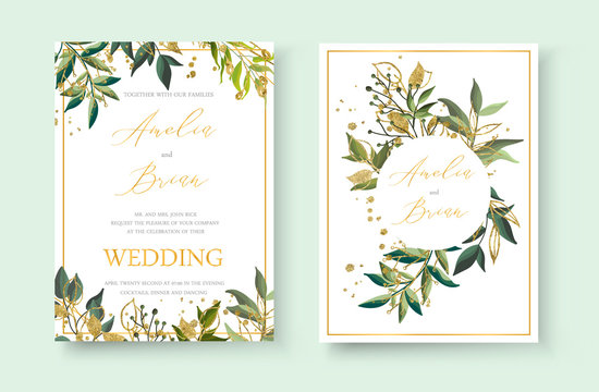 Wedding floral golden invitation card envelope save the date minimalism
