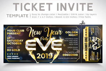 Naklejka premium New Year. Invitation Ticket. Ticket party, elegant holiday party invitation. Flyers. 2019. invitation card 2019