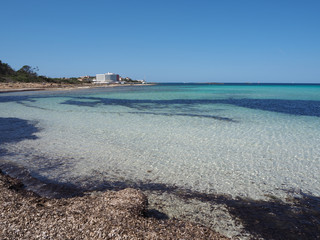 Colonia Sant Jordi, Spain. Amazing landscape of the charming beach Es Trencs. It has earned the...