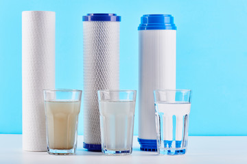 Water filters concept. Carbon cartridges and a three glasses on a white blue background. Household...