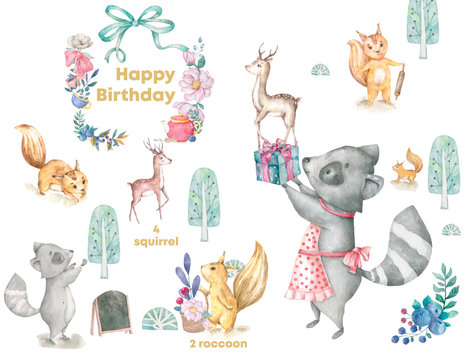 Wood Lnad Party illustration with birthday cake, roccoon, flowers and chocolate moon and blue pize box on cups pattern background watercolor style frame of flowers bow