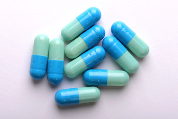 Pharmacy theme. Multicolored Isolated Pills and Capsules.