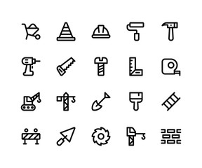 Simple Set of Construction Related Vector Line Icons. Contains such Icons as barrow, helmet, hammer, drill, saw and More. pixel perfect vector icons based on 32px grid. Editable Strokes