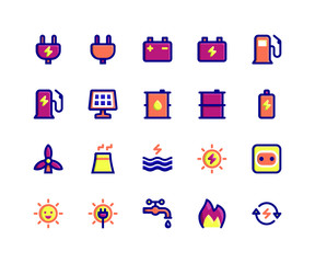 Simple Set of Energy Related Vector Filled Line Icons. Contains such Icons as plug, battery, gas, solar, oil, sun and More. pixel perfect vector icons based on 32px grid. Well Organized