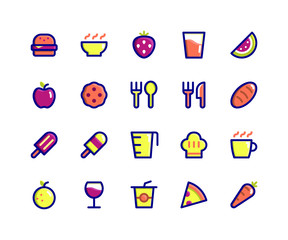 Simple Set of Food & Drink Related Vector Filled Line Icons. Contains such Icons as burger, bowl, strawberry, watermelon, cookie and More. pixel perfect vector icons based on 32px grid. Well Organized