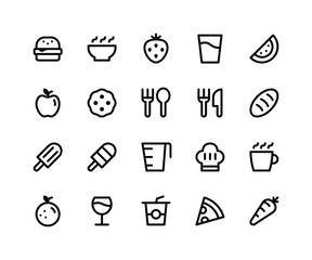 Simple Set of Food & Drink Related Vector Line Icons. Contains such Icons as burger, bowl, strawberry, watermelon, cookie and More. pixel perfect vector icons based on 32px grid. Well Organized