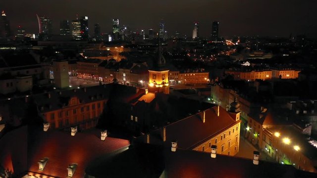 View from the height of the royal castle in the old town at night, Warsaw, Poland