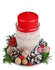 Homemade Christmas candlestick in rustic style made of rope and cones isolated