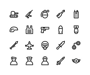 Simple Set of Military Related Vector Line Icons. Contains such Icons as tank, grenade, molotov, helmet, kevlar and More. pixel perfect vector icons based on 32px grid. Editable Strokes