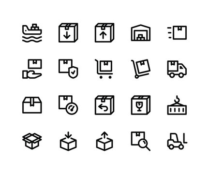 Simple Set of Logistic Related Vector Line Icons. Contains such Icons as&nbsp;cargo, box, warehouse, trolly, package and More. pixel perfect vector icons based on 32px grid. Editable Strokes