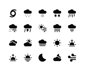 Simple Set of Weather Related Vector Glyph Icons. Contains such Icons as cloud, snow, rain, wind, thunder and More. pixel perfect vector icons based on 32px grid. Well Organized 