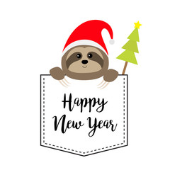 Fototapeta na wymiar New Year. Cute sloth face head in the pocket. Santa hat. Fir tree. Cartoon animal. Lazy character. Dash line. White and black color. T-shirt design. Merry Christmas. Baby background. Flat design.
