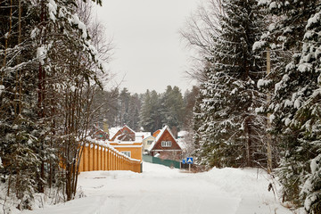 Houses in the village on a winter day in the snow. Rural and rustic landscape in a cold day