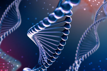 3d Illustration of DNA molecule. The helical blue molecule of a nucleotide in organism like in space. Concept genome