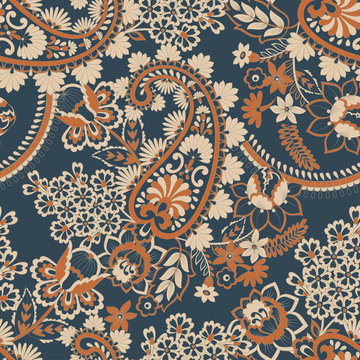 Paisley vector seamless pattern. Fantastic flower, leaves. Textile bohemian print. Batik painting. Vintage