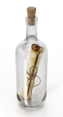 Message in a bottle isolated on white background. 3D illustration