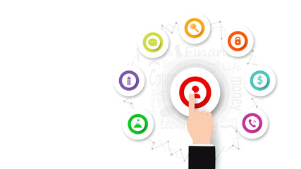 Business vector, finger hand push on button, infographic icon and sign, flat design, background, idea creative and strategy symbol