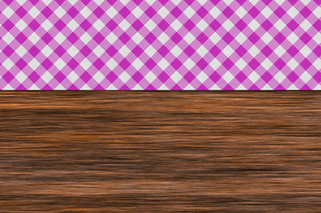 wooden table with red gingham tablecloth top view