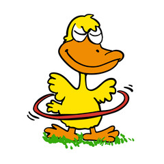 Yellow duck playing with hula hoop