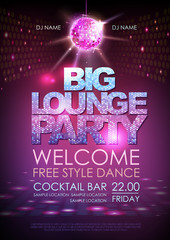 Disco ball background. Disco poster big lounge party. Neon