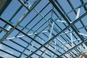 Structure of steel roof frame for building construction.