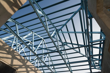 Structure of steel roof frame for building construction.