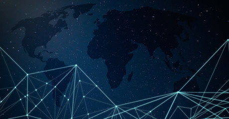 Abstract geometry and triangle graph with global map background . Futuristic digital technology concept .