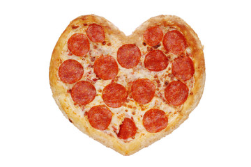 Pizza in the shape of heart isolated on white. pepperoni pizza for St. Valentine's Day. concept of St. Valentine's Day top view