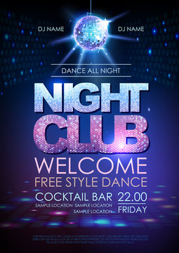 Disco ball background. Disco poster night club. Neon