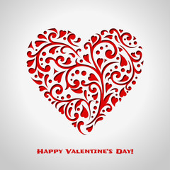 Valentine's day card with red ornate heart. Love romantic banner. February 14. 3d greeting poster. Vector illustration